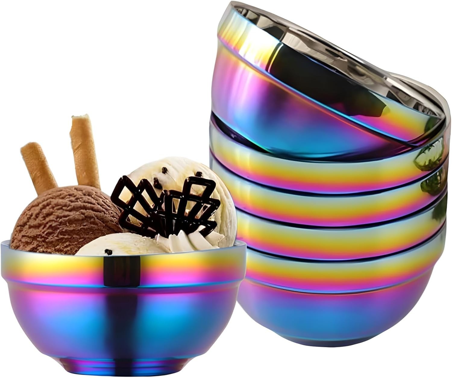 Rainbow Bowl Set of 6, 304 Stainless Steel Dinnerware Metal Double-walled Insula