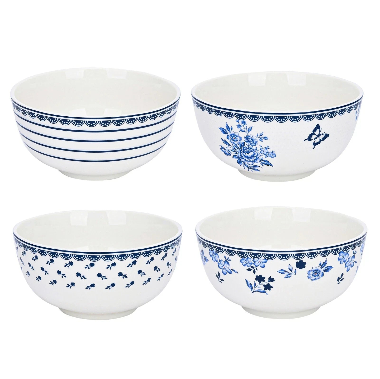 SET OF 4 Blue on White Porcelain Cereal Bowl Floral Mismatch Piala Set