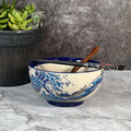 6 1/4" Japanese Waves Blue Beige Ramen Noodle Soup Bowl Gift Set Bowl