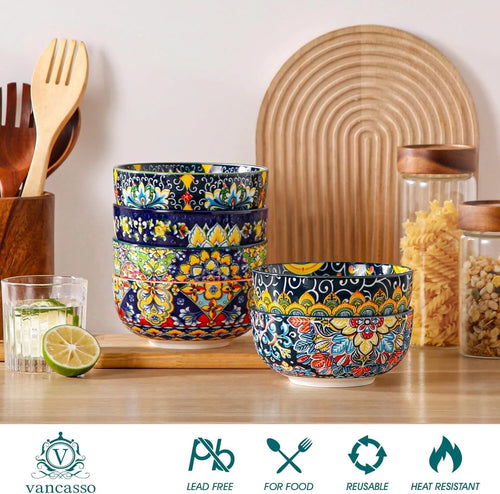 6 Piece Set, Bohemian Ceramic Soup Bowl, 28 oz Colorful Bowl Set