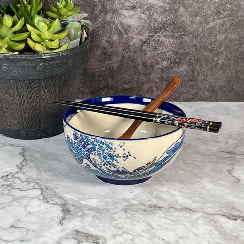 6 1/4" Japanese Waves Blue Beige Ramen Noodle Soup Bowl Gift Set Bowl