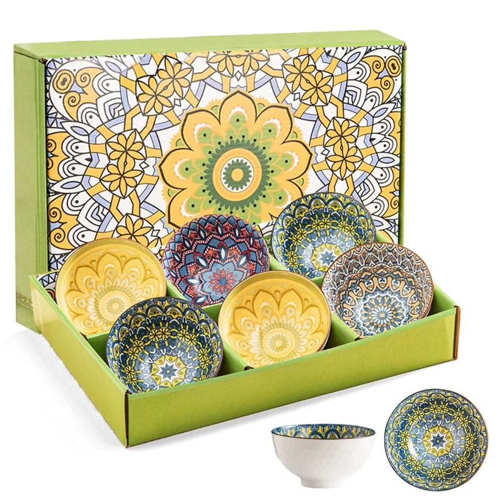10 oz Bohemian Grain Fruit Bowl Set - 6 Colorful Ceramic Rice Bowls, for Snacks
